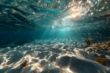 Obraz premium blue background with deep underwater water in sea and sunbeams on surface with ripples