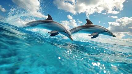 A group of dolphins interacting joyfully in a clear blue sea.