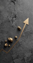 Gold nuggets atop a dark stone surface with a golden upward trendline