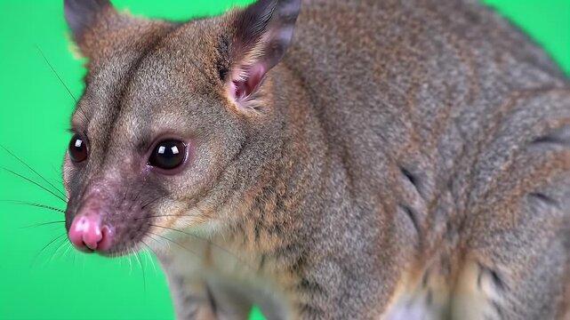 Close-up Portrait of an Alert Common Brushtail Possum with Soft Fur and Large Eyes, Isolated on a Bright Green Screen Background for Easy Compositing