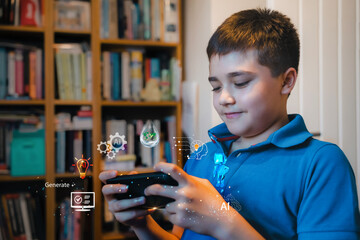 School kid boy using AI Robot on smart mobile phone studying or remote online learning about artificial intelligence ecosystem concept with digital brain,data processing,machine learning in study room