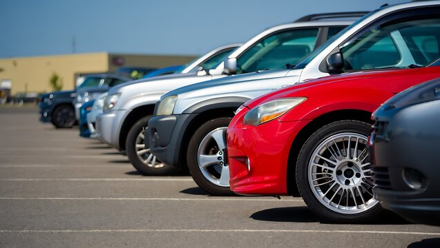 Row of various cars parked in a lot under a clear sky