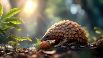 Fototapeta premium A pangolin eating fresh fruit in a sun-dappled clearing surrounded by dense foliage.
