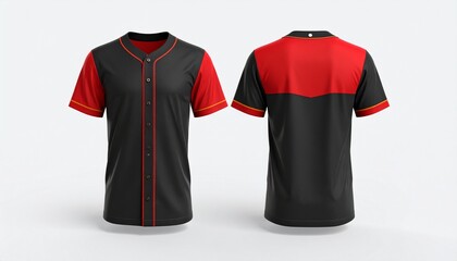 Black and red baseball jersey mockup with front and back views on a clean background