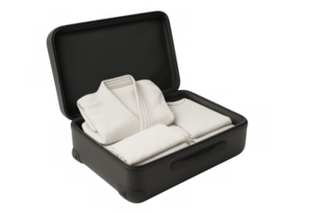 Packing a white judo gi and belt in a black suitcase on transparent background