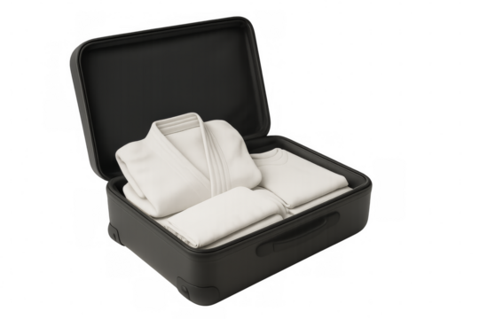 Packing a white judo gi and belt in a black suitcase on transparent background