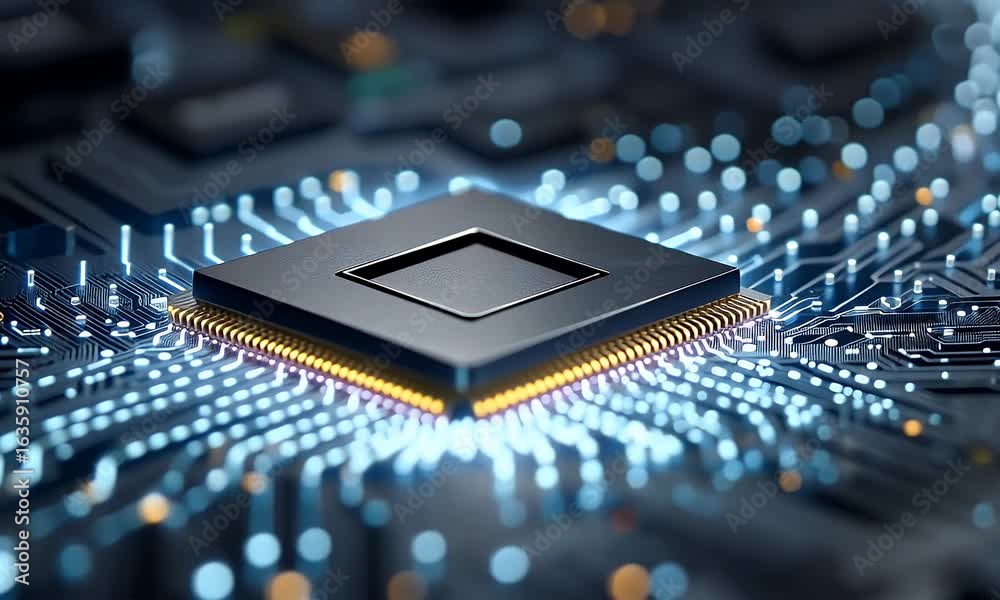 Wall mural 3d render of a computer chip with a glowing blue light on a dark background, surrounded by digital c