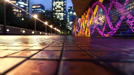 City night walkway, graffiti art, urban scene, background cityscape, ideal for travel blogs