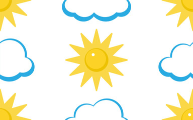 Sun and cloud isolated on a white background. Seamless pattern under clipping mask, convenient for editing. Flat style. Background for textile, paper, packaging.