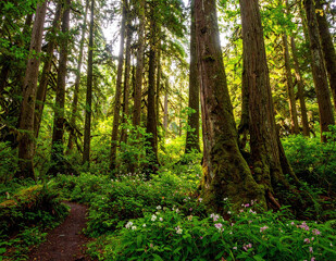 Sunlit forest path surrounded by tall green trees in peaceful early morning nature scene