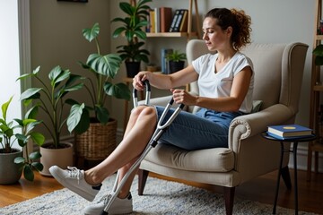 Obraz premium Injured Woman on Crutches Relaxing at Home in Vintage Armchair with Plants and Books
