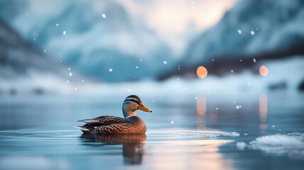 Duck swimming in a tranquil pond under the Northern Lights, its feathers glowing against the vibrant, ethereal colors of the aurora.