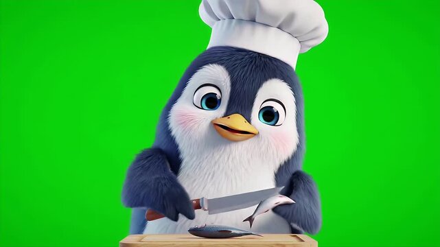 Adorable Penguin Chef Animated Character Preparing Fish on Green Screen with Sharp Knife and Wearing White Chef Hat on Wooden Cutting Board Ready for Culinary Themed Projects Stock Animation