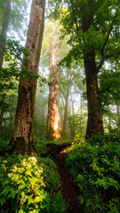 Early morning golden sunlight filtering through towering trees with fresh green undergrowth