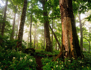 Golden morning light streaming through forest clearing with mossy ground and lush plants