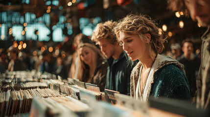 Record enthusiasts browse vinyl records at a busy market during the day in a vibrant shopping environment