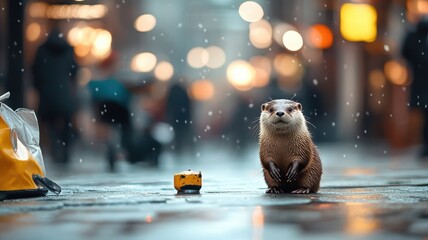 Engaging otter exploring a bustling city street, with its curious and playful behavior adding a whimsical touch to the urban environment.