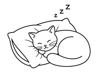 Cute Cat's Slumber: A serene monochrome illustration depicts a contented cat peacefully curled up on a pillow, embracing the tranquility of a restful nap. 