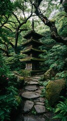 Japanese pagoda in lush garden path