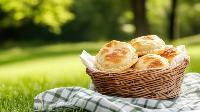 A casual picnic spread featuring pierogies, ideal for relaxed outdoor dining.