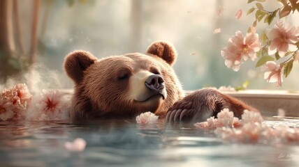 A brown bear relaxing in a luxurious spa with exotic flowers and soothing steam, presenting a surprising moment of comfort and indulgence.