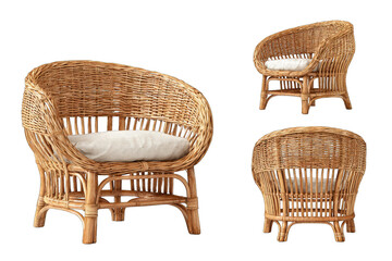 Three views of a wicker armchair.  Light-brown woven, oval-shaped chair with a cream-colored cushion.  Simple, rounded design