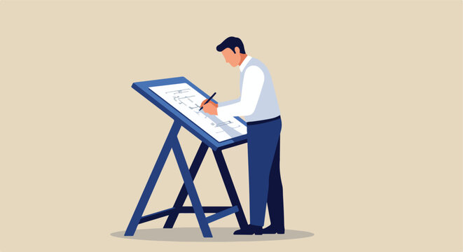 Person drafting plans on a drawing board. Standing facing the board and drawing