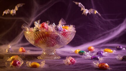 A vintage candy bowl surrounded by plastic bats and cobwebs, set in eerie purple Halloween lighting.