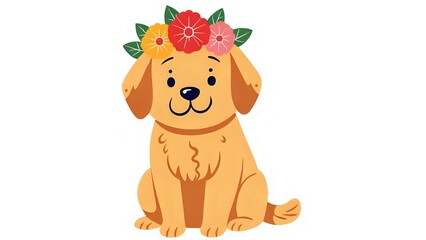 Fototapeta premium Golden Retriever puppy wearing a flower crown, perfect for stickers. Background, wallpaper, graphics 