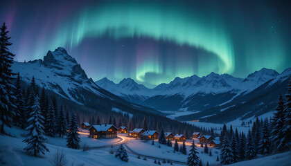 Snowy Mountain Village at Night with Northern Lights