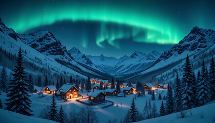 Snowy Mountain Village at Night with Northern Lights