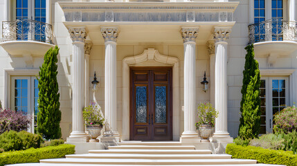 Fototapeta premium An elegant residence with classical columns, framed by blue skies and lush greenery.