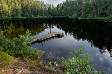 Fototapeten Pier Calm forest lake with small jetty for fishing  © Jonas