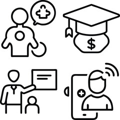 Four line art icons depicting a person with a health symbol, a graduation cap over a money bag, a teacher with a student, and a person with a smartphone.