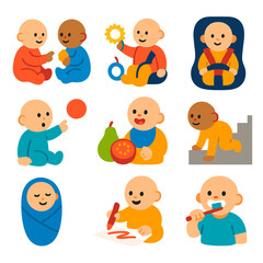 Naklejka premium Baby Milestone Icons. Flat vector icons of parenting and baby milestones: baby’s first playdate, baby exploring sensory toys,