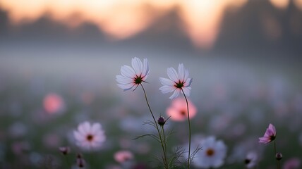 Delicate Cosmos Flowers at Sunset in a Misty Field
