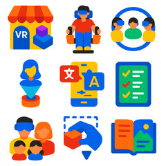 Fototapeta premium Virtual Reality Icons. Flat vector icons of virtual reality and metaverse items: metaverse rental hub, haptic chair system, VR