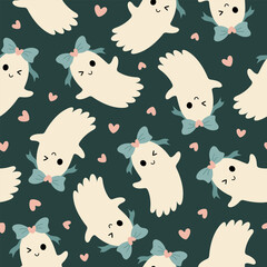 Coquette Ghost Halloween Seamless Pattern. Cute Girly Halloween Print. Spooky Vector Background
