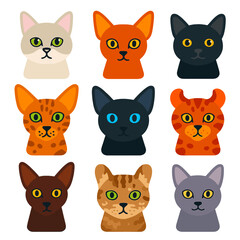 Fototapeta premium Flat Cat Breed Icons. Flat vector icons of cat breeds: Burmilla silver shaded, Arabian Mau large ears, German Rex short coat.