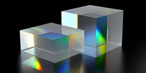 Two cubes of transparent material with iridescent reflections