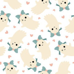 Coquette Ghost Halloween Seamless Pattern. Cute Girly Halloween Print. Spooky Vector Background