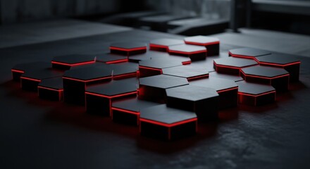 Dark geometric pattern of raised hexagons with red outlines on dark surface