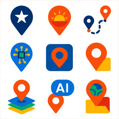 Fototapeta premium Modern Navigation Pins. Flat vector icons of navigation pins: night pin with star icon, sunrise icon inside pin, multi-destination