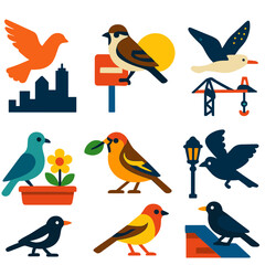 Naklejka premium City Bird Icons. Flat vector icons of city birds: silhouette of pigeon flying over skyline, sparrow perched on traffic sign,