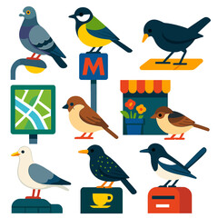 Fototapeta premium Urban Bird Icons. Flat vector icons of city birds: urban pigeon sitting on streetlight, tit with folded wings on metro pole, crow