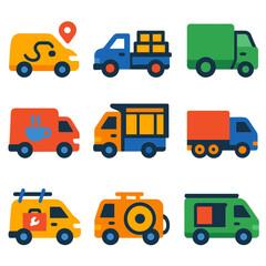 Colorful Vehicle Icons. Flat vector icons of van, truck and lorry: compact delivery van with tracking route, lorry with stacked