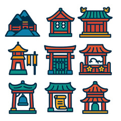 Obraz premium Japanese Architecture Icons. Flat vector icons of Japanese Chinese architecture: mountain peak shrine with railing, shrine with