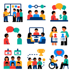 Obraz premium Colorful Business Icons. Flat vector icons of business meeting: agile daily standup with sticky board, product roadmap alignment