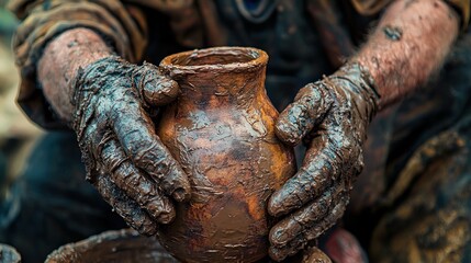 Potter shaping clay pot, outdoors, rustic background, craft demonstration