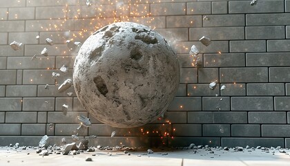 Massive Spherical Boulder Crashing into a Sturdy Brick Wall, Symbolizing Power and Destruction